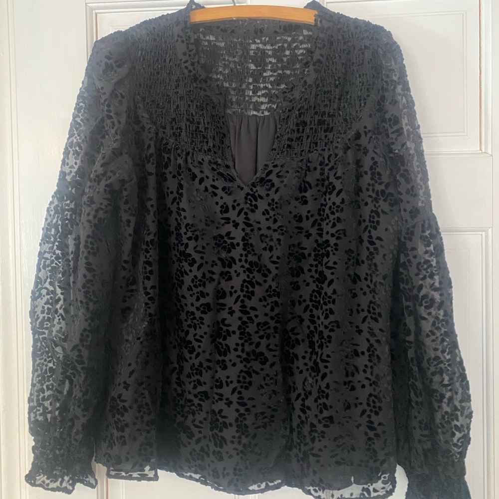 Elegant Black Burnout Velvet Sheer Smocking Women's Top 20" Pit to Pit
